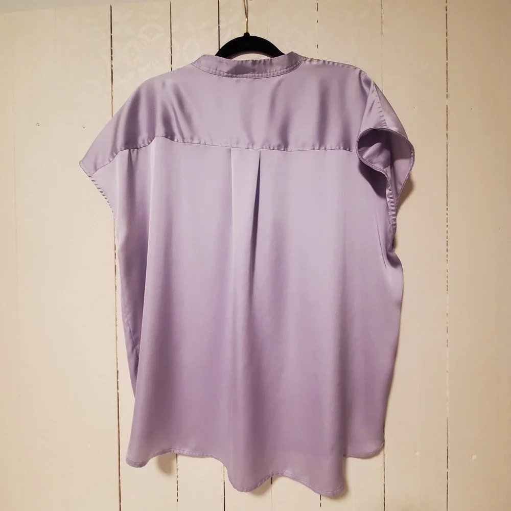 Worthington Lavender Purple Satin Cap Sleeve Blouse XL Mandarin Collar Hi-Low
